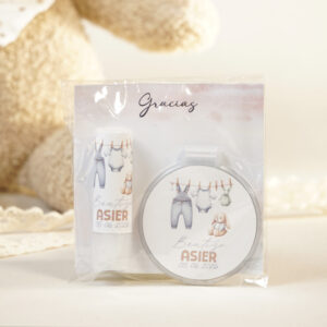 pack espejo y bálsamo personalizado para bautizo diseño bebé celeste