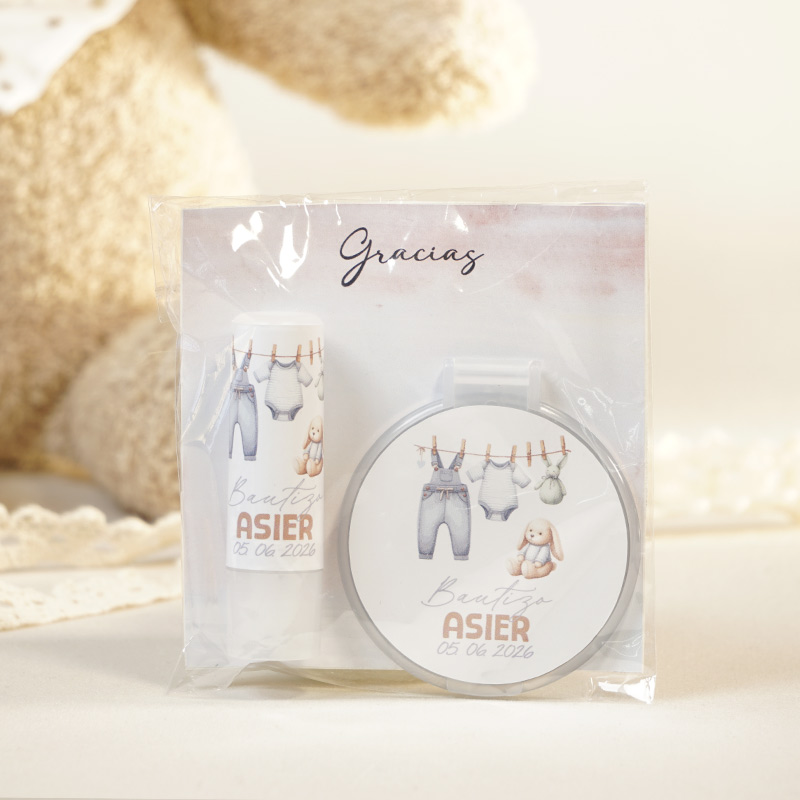 pack espejo y bálsamo personalizado para bautizo diseño bebé celeste