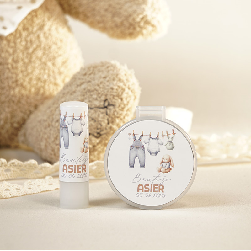 pack espejo y bálsamo personalizado para bautizo diseño bebé celeste