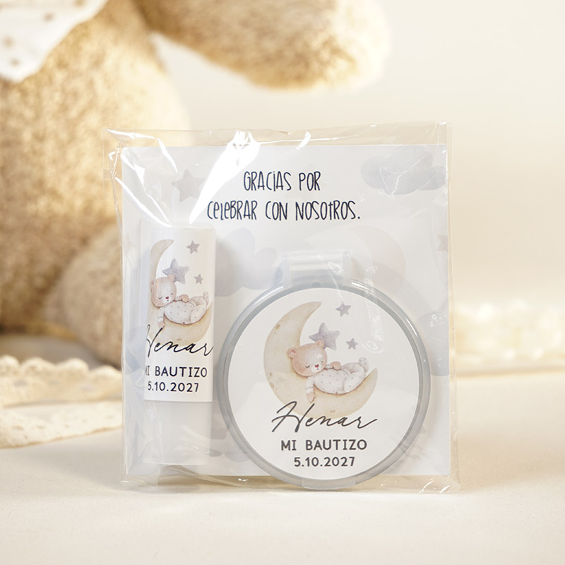 Pack espejo y bálsamo personalizado para bautizo diseño Osito Dormilón
