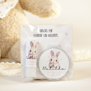 pack espejo y bálsamo personalizado para bautizo diseño rabbit