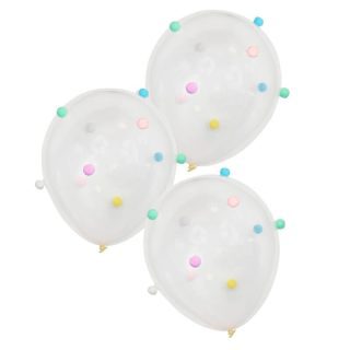 Pack 5 globos transparentes con pompones en color pastel.