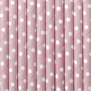 Lote de 10 cañas. Lunares blancos, fondo rosa. 19.5cm