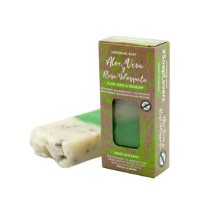 Pastilla de jabón artesano. Presentado en caja. Aloe Vera y Rosa Mosqueta. 100gr