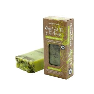 Pastilla de jabón artesano. Presentado en caja. Arbol del té y té verde. 100gr.