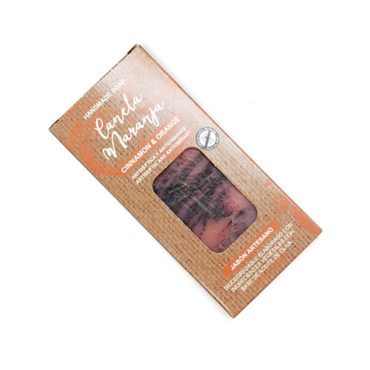 Pastilla de jabón artesano. Presentado en caja. Canela y naranja. 100gr.