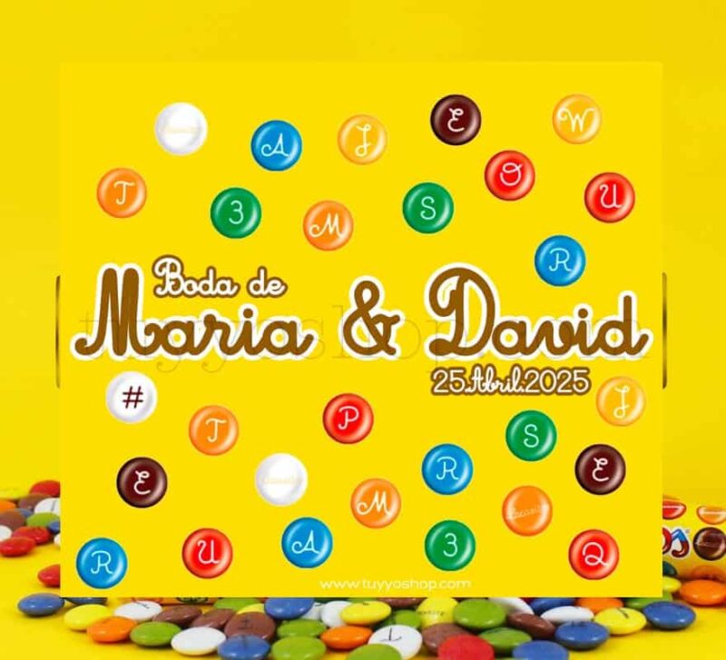 Pegatina para botes de lacasitos de 20gr, boda de...