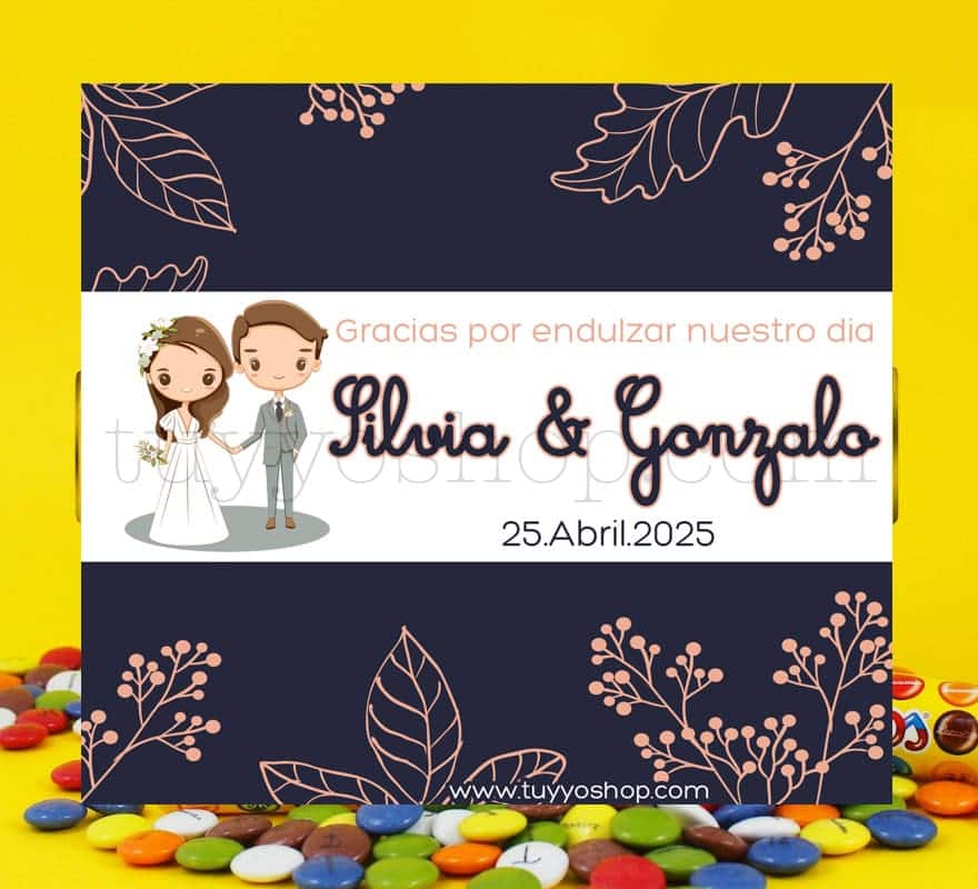 Pegatina para botes de lacasitos de 20gr, modelo pareja