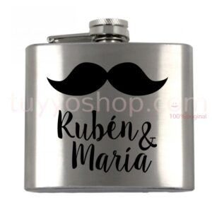 Petaca personalizada para boda, modelo bigote. 5oz