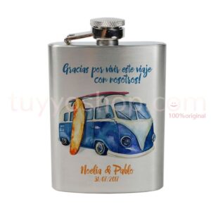 Petaca para boda personalizada, diseño furgoneta azul. 4oz