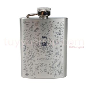 Petaca personalizada para invitados de boda. Estampado tatuaje. 4oz