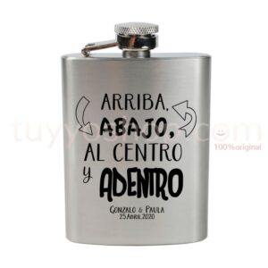 Petaca para boda personalizada con el diseño, arriba, abajo. 4oz