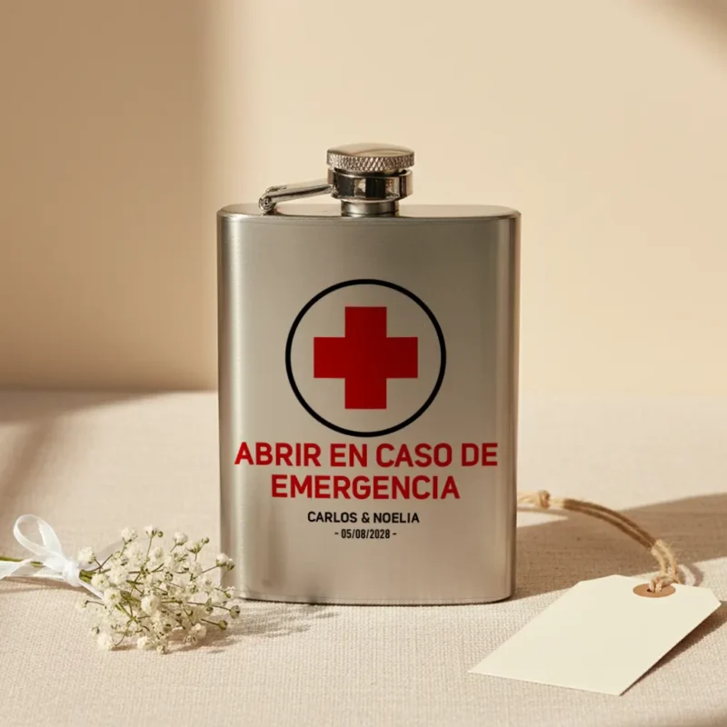 petaca regalo de boda abrir en caso de emergencia. Regalos para invitados de boda.