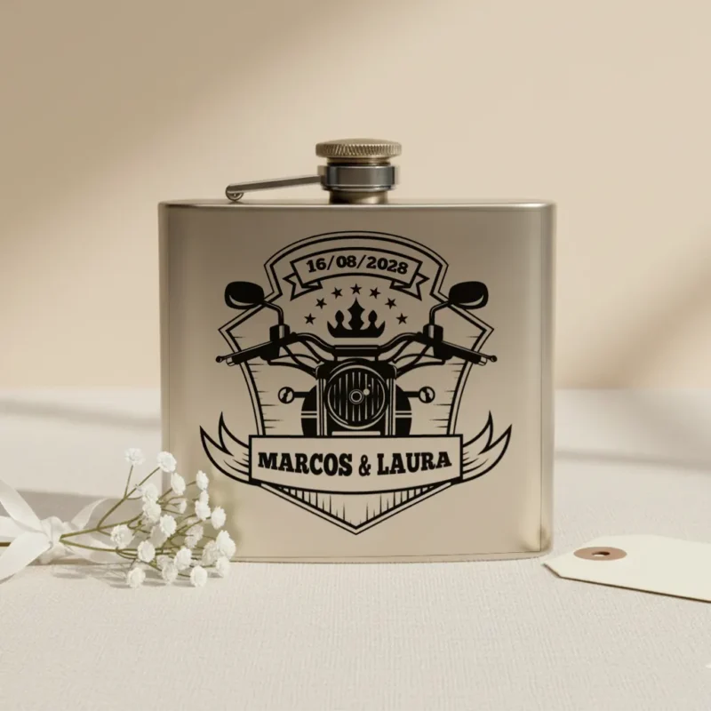 petaca de boda motorclub personalizada de 5oz