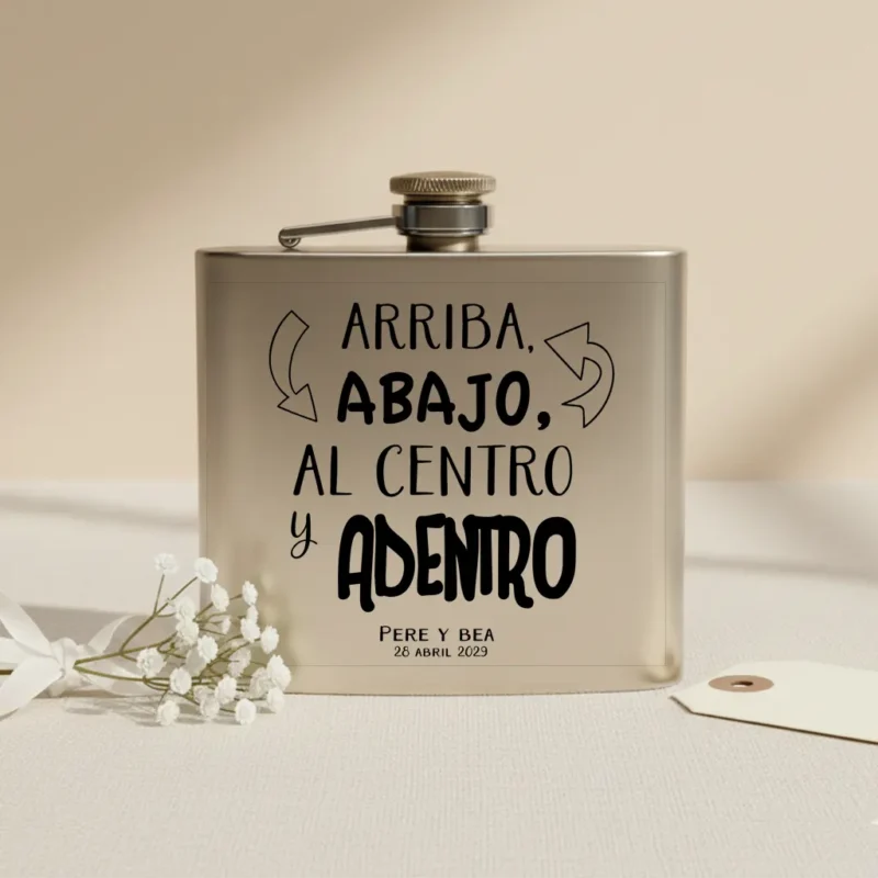 petaca para boda, arriba abajo al centro y adentro 5 oz