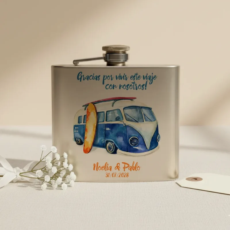 petaca para recuerdo de boda, furgoneta azul. Tamaño 5oz