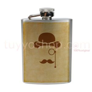 Bonita petaca para boda, diseño monóculo, bombín y bigote. 4oz