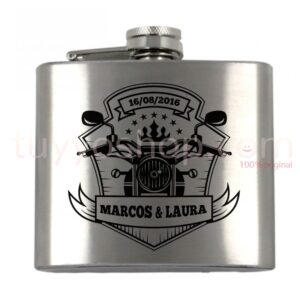 Petaca personalizada para boda, modelo motorclub. 5oz