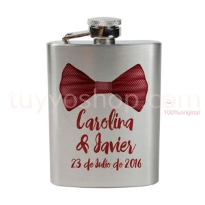 Petaca para boda personalizada, modelo pajarita roja 4oz