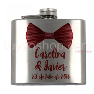 Petaca para boda personalizada, modelo pajarita roja 5oz