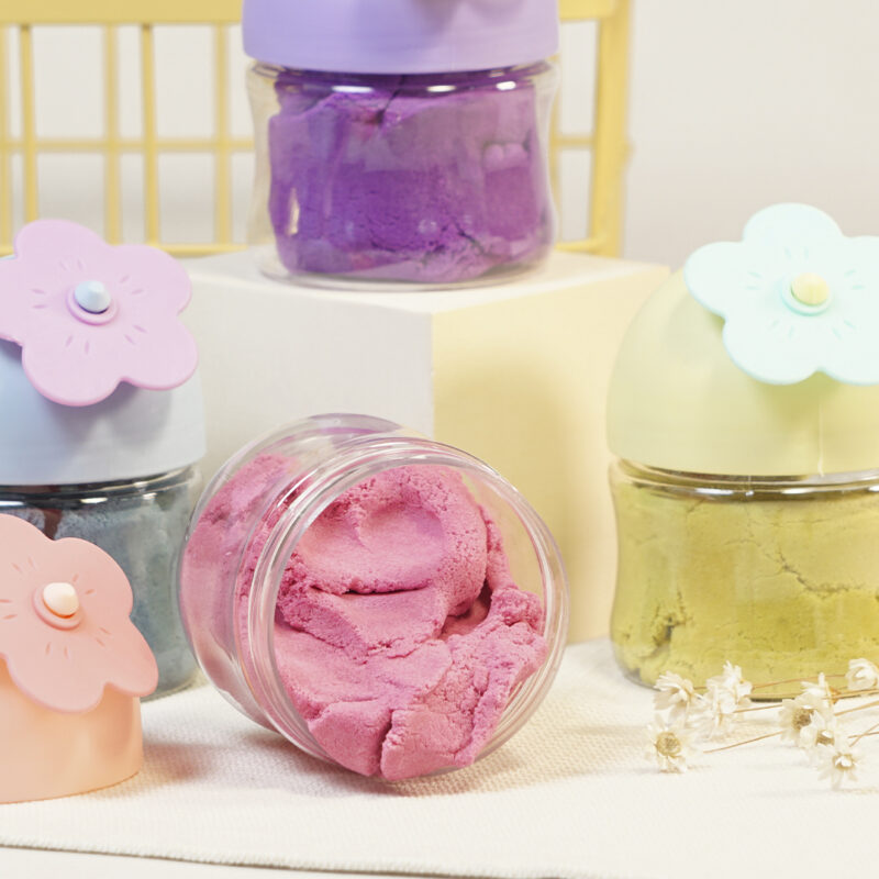 Plastilina Arena mágica en bote con flor, Eucalipto