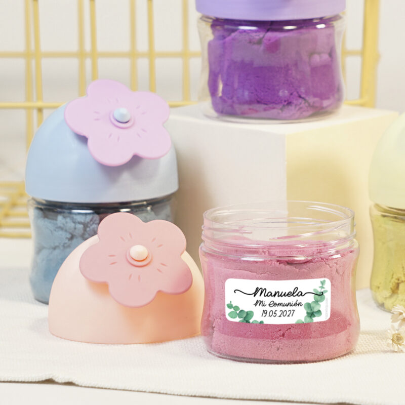 Plastilina Arena mágica en bote con flor, Eucalipto