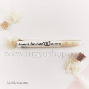 Probeta personalizada para arroz de boda. 11cm. Varios diseños. probeta de arroz para boda alianzas