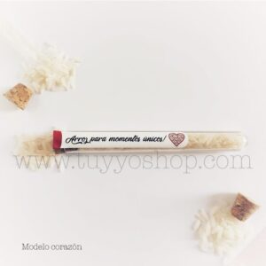 Probeta personalizada para arroz de boda. 11cm. Varios diseños. probeta de arroz para boda corazon