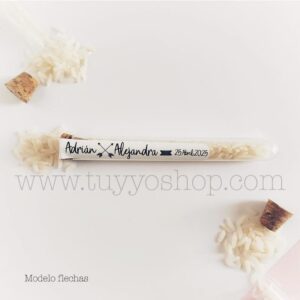Probeta personalizada para arroz de boda. 11cm. Varios diseños. probeta de arroz para boda flechas