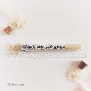 Probeta personalizada para arroz de boda. 11cm. Varios diseños. probeta de arroz para boda hojas