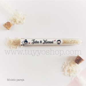Probeta personalizada para arroz de boda. 11cm. Varios diseños. probeta de arroz para boda pareja