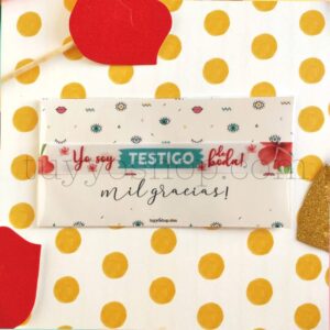 Pulseras personalizadas para testigos. Presentada en cartón y bolsa de celofán. pulsera para testigos modelo tropical 2