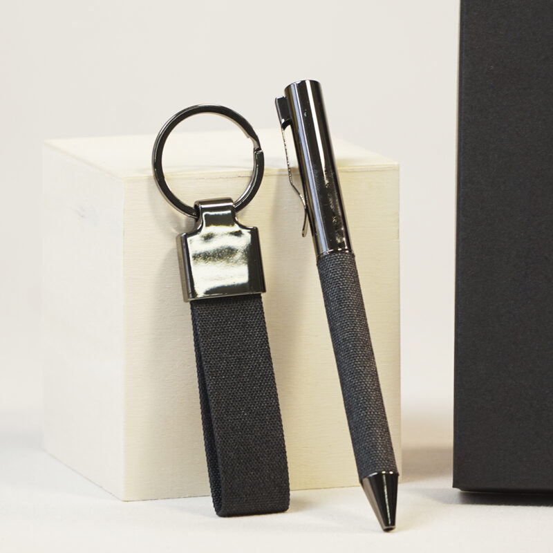 Set premium bolígrafo y llavero presentado en caja con frase de agradecimiento