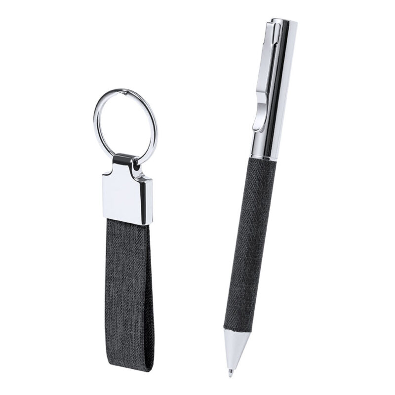 Set premium bolígrafo y llavero presentado en caja con frase de agradecimiento