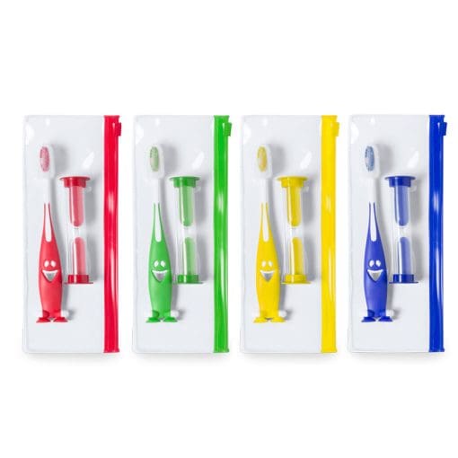 Set cepillo de dientes, reloj de arena y bolsa con cierre zip. 4 colores.