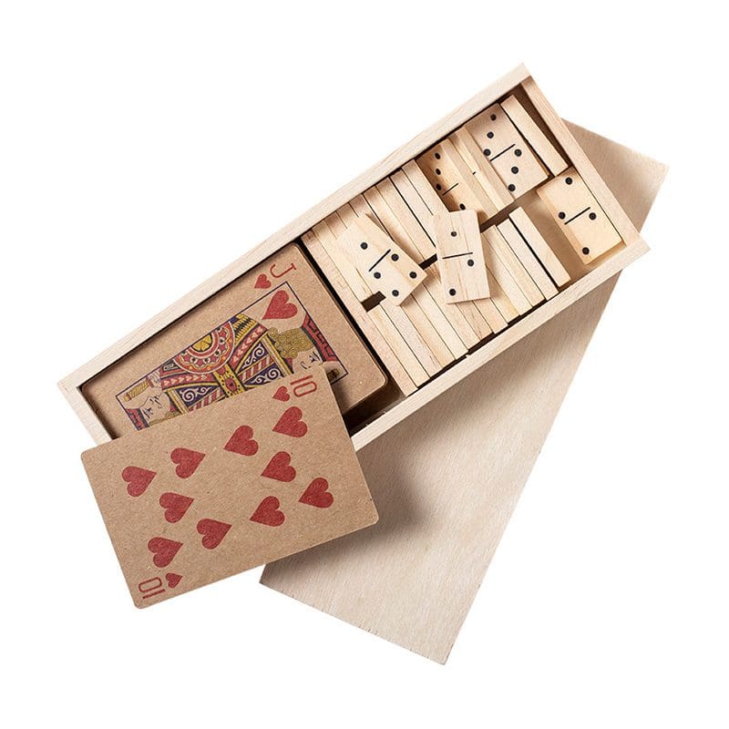 Set de juego en caja de madera. Naipes y Dominó. 18.7x2x7.5cm