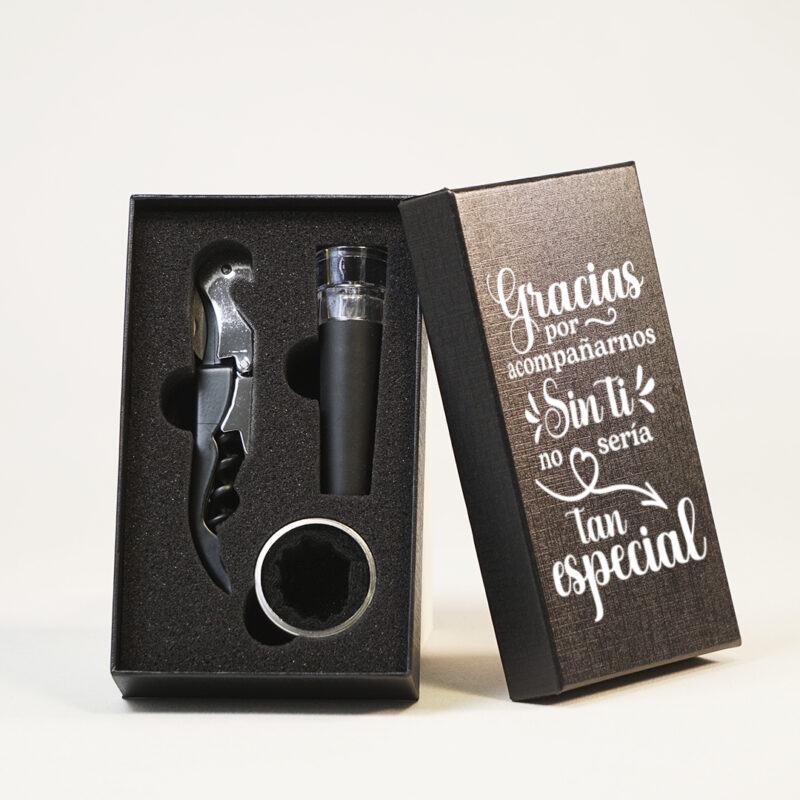 Set de vino en estuche con frase de agradecimiento