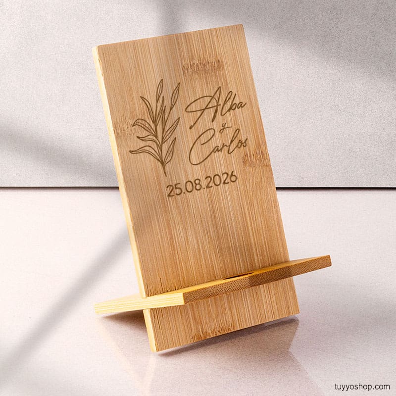 Soporte de bambú para móvil, modelo botanical soporte movil personalizado boda botanical