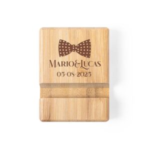 Soporte para móvil y tablet. Bambú. Opción de personalizar soporte personalizado para movil pajarita