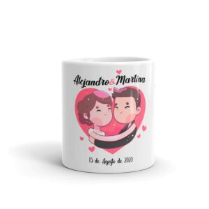 Taza de boda para invitados. Personalizada. Pareja en corazón.