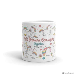 Taza de comunión personalizada. Unicornios.