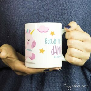 Taza para bautizo, modelo Pink Unicornio