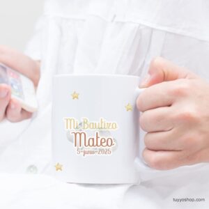 Taza personalizada para bautizo, osito y luna