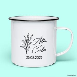 Ultimos regalos para invitados añadidos taza para boda metalica personalizada botanical