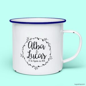 Taza retro metálica. Personalizada. Modelo Circulo Floral taza para boda metalica personalizada circulo floral azul