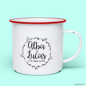 Taza retro metálica. Personalizada. Modelo Circulo Floral