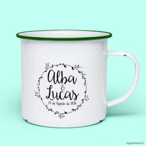 Taza retro metálica. Personalizada. Modelo Circulo Floral taza para boda metalica personalizada circulo floral verde
