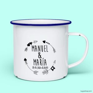 Taza retro metálica. Personalizada. Modelo Flechas Círculo taza para boda metalica personalizada flechas azul