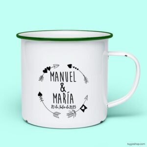 Taza retro metálica. Personalizada. Modelo Flechas Círculo taza para boda metalica personalizada flechas verde