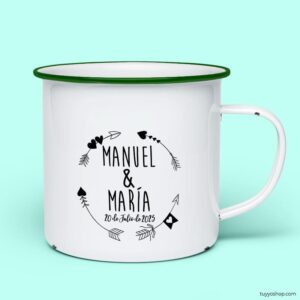 Taza retro metálica. Personalizada. Modelo Flechas Círculo